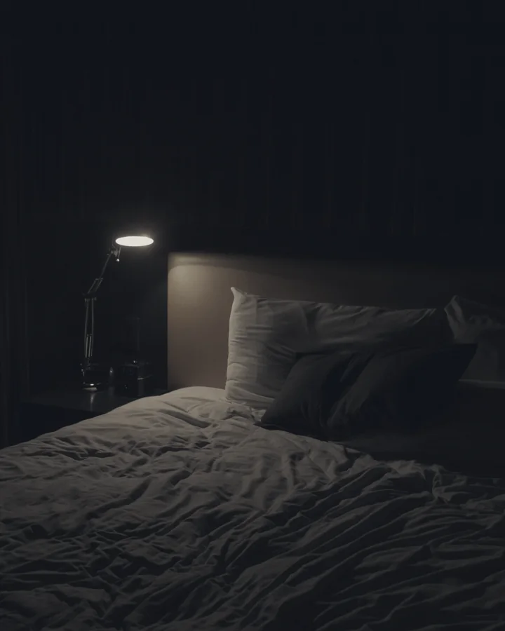 A dark bedroom at night, lit by a small bedside lamp.